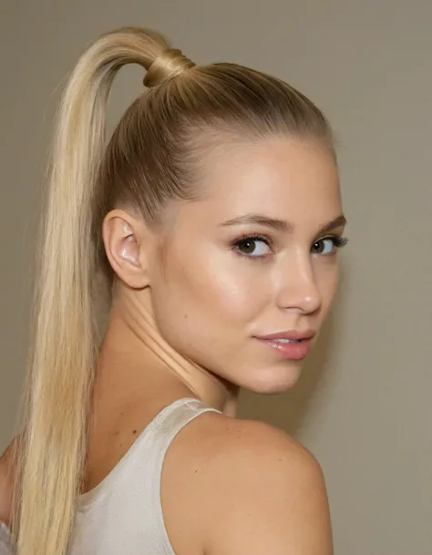texture selfie flash photography of a woman with Light blond Ponytail hair top down close-up in art gallery