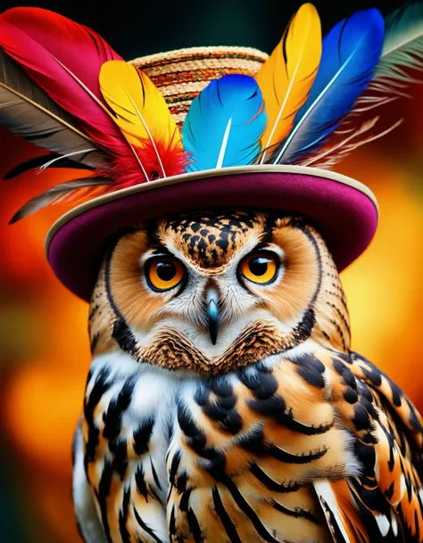 cinematic photo realistic portrait beautiful painting of japanese owl, colorful bird feathers, wearing woman hat. full body, fine art, trending on artstation, smooth draw, sharp focus, digital art, bright colors, fine draw, perfect lighting, high render, high resolution. . 35mm photograph, film, bokeh, professional, 4k, highly detailed