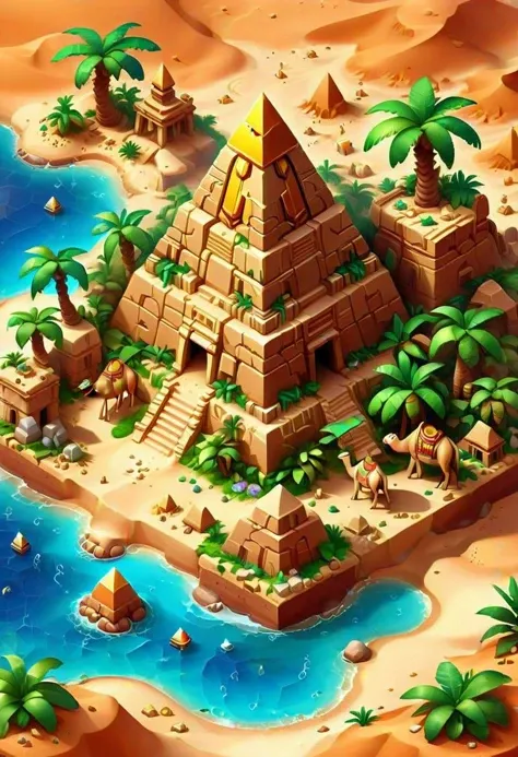 Egyptian pyramid,treasure,palms,camels, isometric, zavy-ctsmtrc, art,
desert background,dunes,