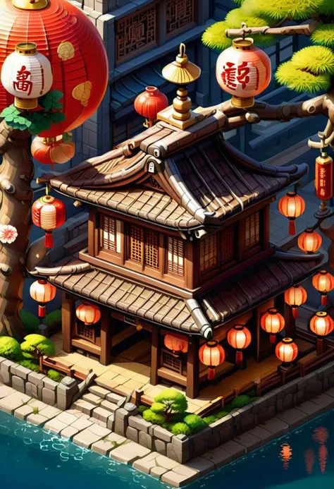traditional Japanese restaurant, lanterns, isometric, zavy-ctsmtrc, art,realistic,
city background,