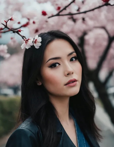 cinematic photo (art by Mathias Goeritz:0.9) , photograph, Lush Japanese Girlfriend, Tax collector, Rich black hair, autumn cherry blossom, tilt shift, Horror, specular lighting, film grain, Samsung Galaxy, F/5, (cinematic still:1.2) . 35mm photograph, film, bokeh, professional, 4k, highly detailed