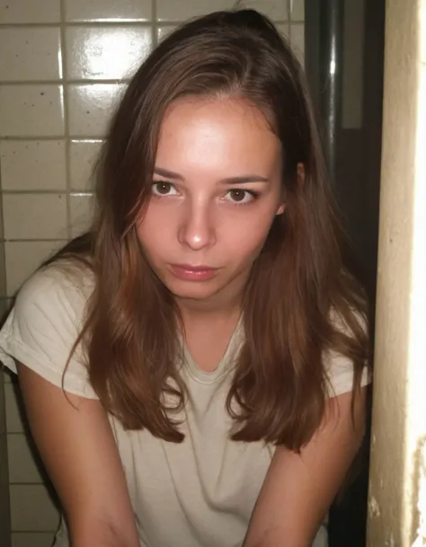 amateur cellphone photography cute young woman with Chestnut brown Mid fade hair at latrine pit . f8.0, samsung galaxy, noise, jpeg artefacts, poor lighting, low light, underexposed, high contrast