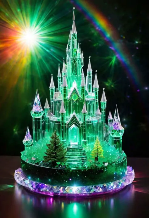 ((top-notch quality high-res masterwork)), Translucent Glass Palace like the (Emerald CIty) in the Wizard of OZ, Sitting Atop a floating island of rainbow crystalz, against a starlit night sky, overlooking a shimmering forest of trees made from amethyst with glowing leaves of many colors. Everything is bathed in ethereal light and transparent mist.