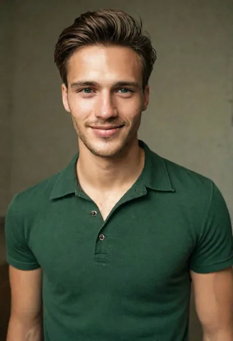 Create a detailed, ultra-realistic photo portrait of a smiling 25-year-old German man (dark green shirt, high-waisted dress), 24mm, (analog, film, Film Grain: 1.3), (prison: 1.1), detailed eyes (pose seductive), (epic photo), upper body (looking at viewer), (perfect lips), stubble.