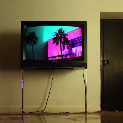 cyberpunk apartment, night, raining, neon lighting, shadows, dramatic lighting, television screen, dystopia, palm tree