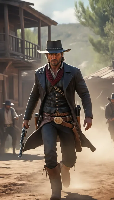 Intricate dynamic action shot of cowboy in a shootout, cinematic Steve Henderson Fabian Perez Henry Asencio Jeremy Mann Marc Simonetti Fantasy, red dead redemption 2 atmosphere, cinematic, photograph