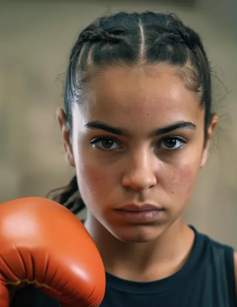 photograph close up portrait of young egyptian Female boxer training, serious, stoic cinematic 4k epic detailed photograph, shot on kodak, detailed, cinematic, hbo, dark moody, looking intense at viewer,