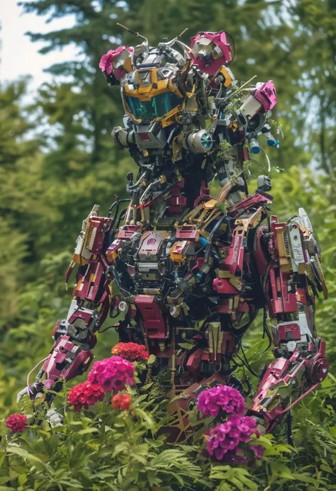 masterpiece, best quality, intricate details, full boody photo of a half finished mechanical humanoid robot surrounded by beautiful flowers, and branches, elegant composition with foreground ferns, portrait of the most beautiful form of chaos, elegant, a brutalist designed, rich deep vivid colours, romanticism, trending on artstation, thousands of flowers, with huge chest armor, power core in the center of the sternum, in the style of boston dynamics robot, intricate machineries, depth of field, film grain