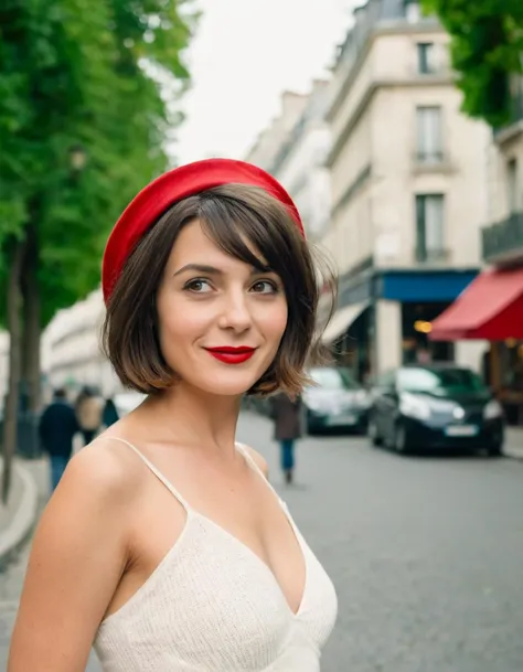 cinematic photo a playful (woman) As Amélie from Amélie, wandering through the streets of Montmartre, her world filled with whimsy and wonder., Hair styled in a chic bob, capturing her quirkiness and zest for life., . 35mm photograph, film, bokeh, professional, 4k, highly detailed