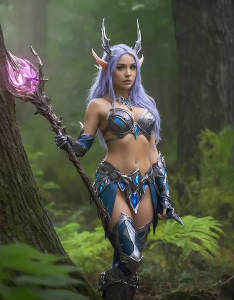 breathtaking (full height:1.3), a beautiful ohwx woman As a Night Elf in World of Warcraft, wearing majestic, ornate armor, standing amidst a mystical, enchanted forest with ancient trees, moonlight filtering through the leaves, holding a glowing staff, poised for battle, vivid colors, high-resolution, 8k quality, detailed landscape, immersive digital painting., inspired by Krenz Cushart, neoism, kawacy, wlop, gits anime,Long wavy hair with a loose, beachy texture., . award-winning, professional, highly detailed