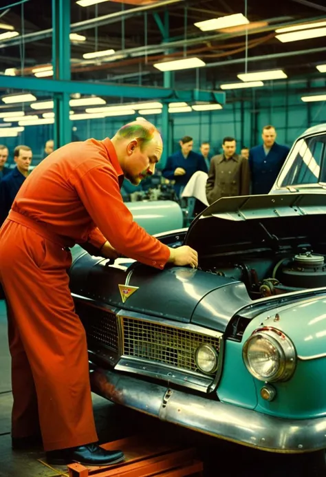 Masterpiece, Vladimir Lenin working in a Car Factory in Moscow, 1960s, in Soviet Russia, Vladimir Lenin wearing factory workers' uniform, working on the car assembly line, grease on clothing, 1960's ambiance, 1960's fashion, 1960's photography style, artificial lighting, indoors, factory floor, Kodachrome film used, analog photography, 35mm Kodak camera used, Technicolor style