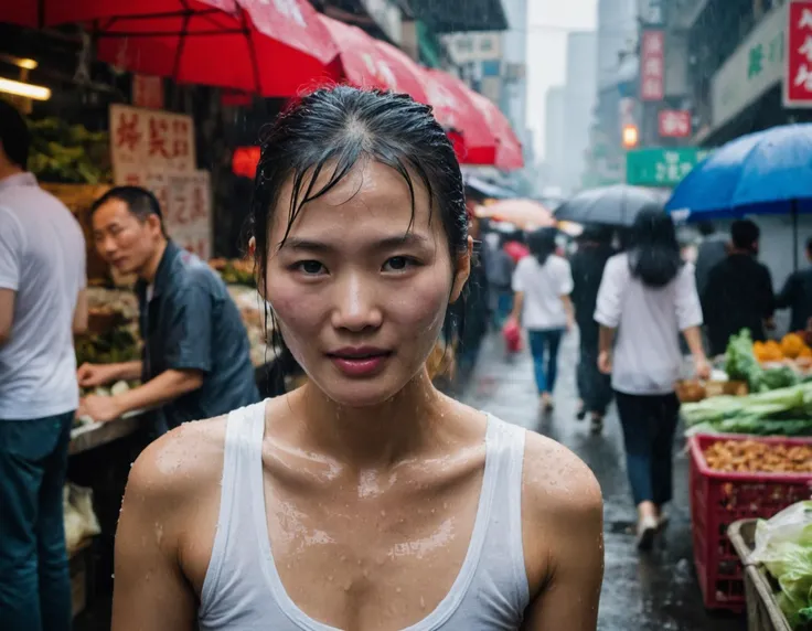 cute Asian woman in a Shanghai market, rainy day, soaking wet, by Peter Lindbergh