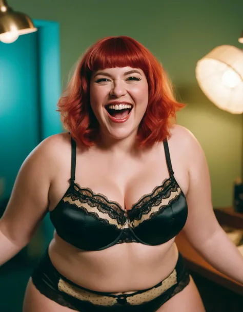 cinematic photo analog style portrait of an portrait of Full-figured zambian woman with H Cup bra and Red Peek-a-boo bangs hair Laughing with Head Thrown Back , lingerie, dslr , Practical lighting . wes anderson , still from stanley kubrick moviem photograph, film, bokeh, professional, 4k, highly detailed