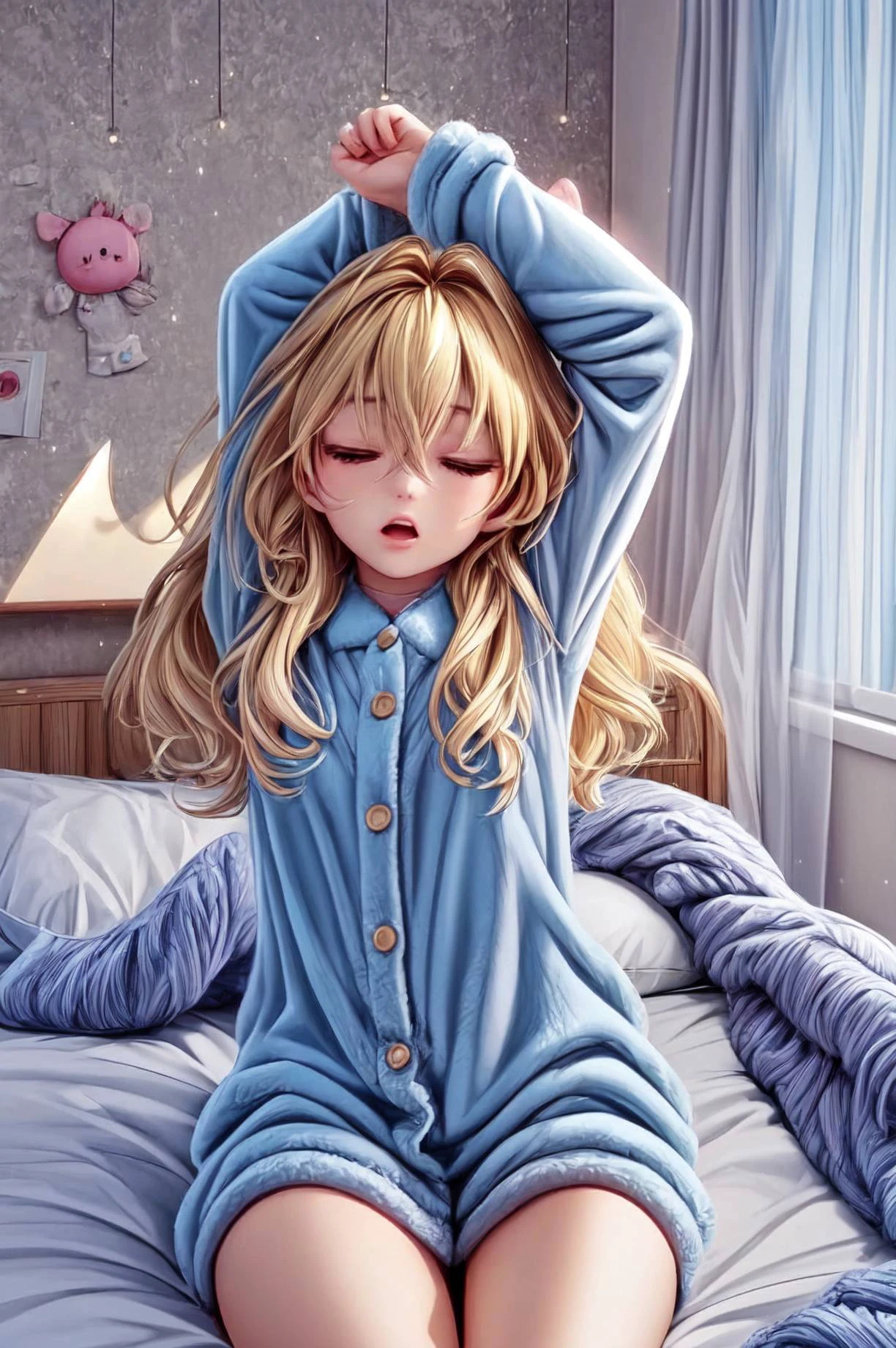 Beautiful Lighting, (1girl:blonde hair, absurdly long hair, hair intakes, (hair between eyes:1.1)), (real skin), <lora:Tool - Detail up:1>, <lora:y:0.8>, photo realistic,
(indoors, bedroom:1.3), black choker, dynamic angle,
<lora:pajamas v2.0:0.8>, <lora:wakeUp:0.4>, (((waking up, bed, stretching, arms up,sleepy,open mouth,wince))),yawning,morning,bed sheet,blanket,pillow, (bottomless:1.2), <lora:age_slider-LECO-v1:-4>, middle breasts, long sleeves, buttons, jyojifuku, pajamas, (wool:1.3), (thighs:1.1), (Fleece:1.3)