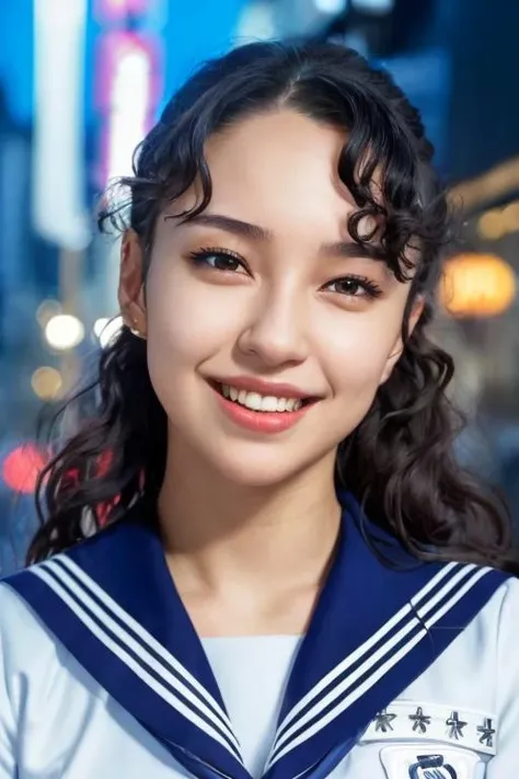 1girl,(wearing a sailor uniform:1.4),(RAW photo, best quality), (realistic, photo-realistic:1.4), masterpiece, an extremely delicate and beautiful, extremely detailed, 2k wallpaper, Amazing, finely detail, extremely detailed CG unity 8k wallpaper, ultra-detailed, highres, hard light,gritty and grainy, beautiful detailed girl, extremely detailed eyes and face, beautiful detailed nose, beautiful detailed eyes,cinematic lighting,city lights at night,(at Shibuya city center),perfect anatomy,slender body,smiling,(curly hair) <lora:RIN_lora:0.7>