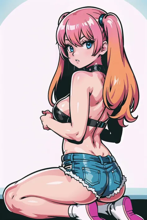 from behind, (masterpiece, best_quality, ultra-detailed, immaculate:1.3), epic, illustration, goth girl, 1girl, cute, full body, [:skimpy, creative costume design,:0.2], official art, (dark skin:1.3), bombshell punk hair, neon magenta hair, bombshell curly hair, creepy blue-green lighting from above, denim shorts, on a ancient, dangerous planet, bombshell hair, pastel orange hair, hair bobbles,Side Swept Curls, on one knee<lora:EnvyBeautyMix35:1>