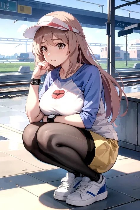 a young woman sitting with legs open at a bus stop, masturbating, expression of shame and pleasure, detailed face, detailed body, detailed hands, hyper realistic, cinematic lighting, moody atmosphere, muted colors, soft focus, photorealistic, intricate details, dramatic shadows, subtle textures, cinematic composition, emotional expression, captivating mood, full body, 1trainerleaf1, sleeveless shirt, black wristbands, visible thighs,thick thighs,red skirt,blue shirt, brown eyes, pantyshot, white panties, beautiful detailed eyes, beautiful detailed lips, extremely detailed face, long eyelashes, perfect hands, soft glowing skin,