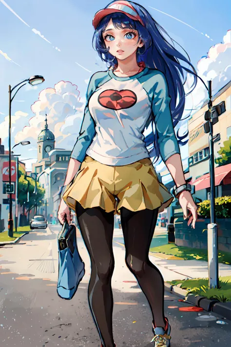 <lora:Rosa_Outfit:0.85> rofnipk, pantyhose, shorts, visor cap, yellow shorts, raglan sleeves, black pantyhose, legwear under shorts, shirt, short shorts, skirt, wristwatch, shoes, sneakers, blue sleeves,  <lora:hadou_nejire:0.9>bbnejire, blue eyes, blue hair, long hair, large breasts,, ultra detailed, masterpiece, best quality, aesthetic, detailed,
