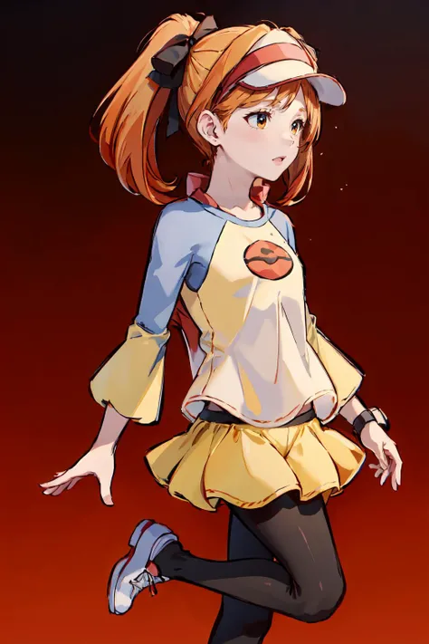 <lora:Rosa_Outfit:0.85> rofnipk, pantyhose, shorts, visor cap, yellow shorts, raglan sleeves, black pantyhose, legwear under shorts, shirt, short shorts, skirt, wristwatch, shoes, sneakers, blue sleeves, <lora:RtPL-Lina:1> lyuri_(riviera), headband, orange_hair, long_hair, hair_bow,, ultra detailed, masterpiece, best quality, aesthetic, detailed,