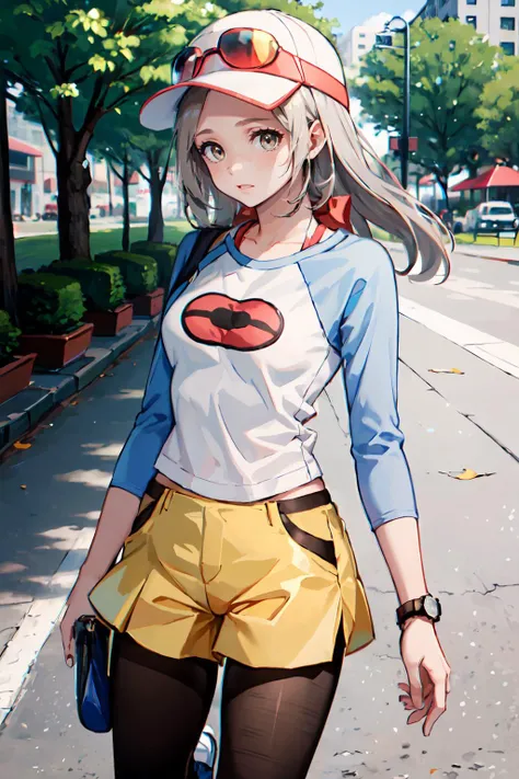 <lora:Rosa_Outfit:0.85> rofnipk, pantyhose, shorts, visor cap, yellow shorts, raglan sleeves, black pantyhose, legwear under shorts, shirt, short shorts, skirt, wristwatch, shoes, sneakers, blue sleeves,, ultra detailed, masterpiece, best quality, aesthetic, detailed,, serious, 1girl, (white eyes:1.1), (grey eyes:1.3), white hair, very long hair, parted hair, parted bangs, <lora:parted_hair_v1.3:1.3>, medium breasts,