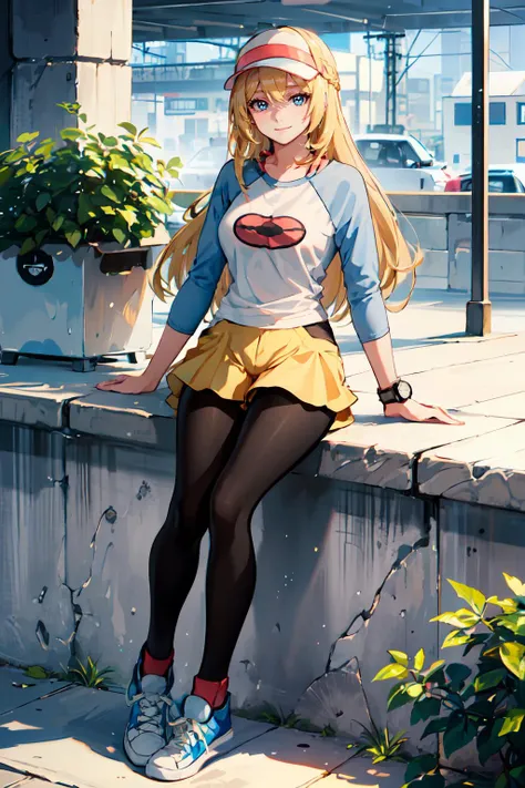 <lora:Rosa_Outfit:0.85> rofnipk, pantyhose, shorts, visor cap, yellow shorts, raglan sleeves, black pantyhose, legwear under shorts, shirt, short shorts, skirt, wristwatch, shoes, sneakers, blue sleeves,, ultra detailed, masterpiece, best quality, aesthetic, detailed,, solo, soft smile, light smile,
1girl, blue eyes, very long hair, blonde hair, long blonde hair, french braid, bangs, medium breasts,