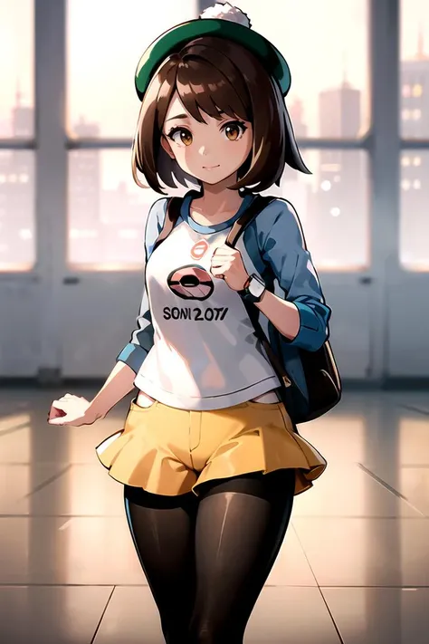 masterpiece, best quality, highres, 1girl, gloria1, gloria \(pokemon\), brown hair, solo, backpack, brown eyes, short hair, bob cut, bangs, tam o'shanter, <lora:gloria_(pokemon)_v1:0.6>, rofnipk, pantyhose, shorts, yellow shorts, raglan sleeves, black pantyhose, legwear under shorts, shirt, short shorts, skirt, wristwatch, blue sleeves, <lora:Rosa_Outfit:0.5>