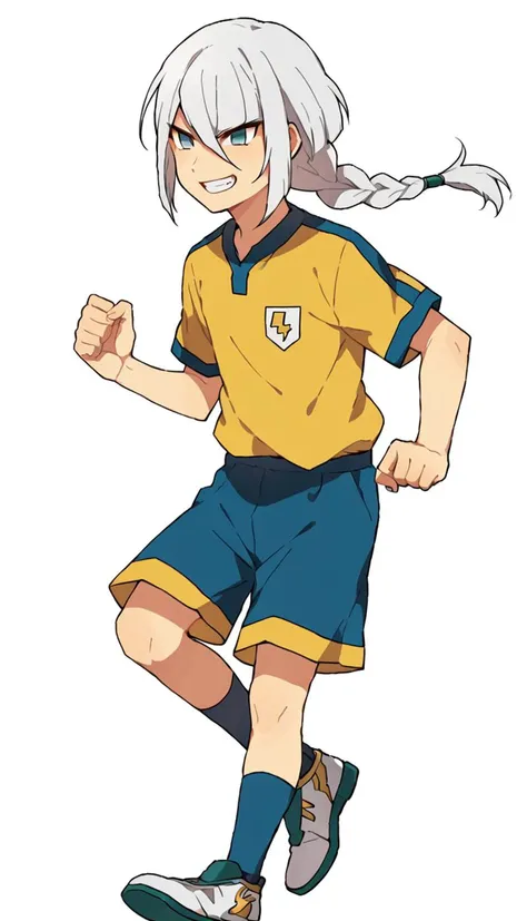 score_9, score_8_up, score_7_up, score_6_up, score_5_up, score_4_up, BREAK source_anime, 1boy, solo, yuri averin, white hair, single braid, long hair, no pupils, standing on one leg, evil grin, <lora:Yuri_Averin:0.7>, raimon, raimon soccer uniform, sportswear, yellow shirt, blue shorts, <lora:Raimon_GO_Uniform:0.7>