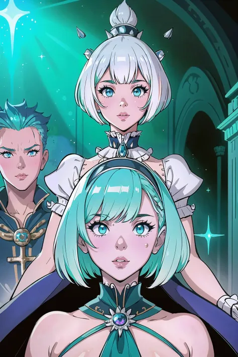 (masterpiece, best_quality, ultra-detailed, immaculate:1.3), epic, illustration, welcoming, 1girl, warlock, matte white hair, Wedge Cut,bombshell bob cut, casting spell, in a Victorian Victorian theatre, in a  submarine, bombshell hair, aqua hair, spiked hair, heads together<lyco:EnvyBeautyMix21:1>