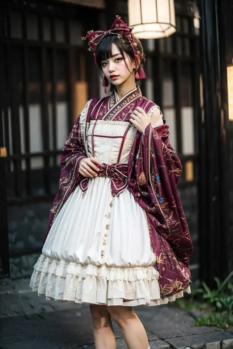 oiled skin, a stunning photo with beautiful saturation, ultra high res,(realistic:1.4)),deep shadow,(best quality, masterpiece), (1 girl), pale skin, dimly lit, shade, flustered, blush, highly detailed, ((upper body:0.8)), (short hair, bangs, curly, pink), skinny, depth of field, film grain, wrinkled skin, nose blush, full-face blush, looking at viewer, knee, (colorful hanfulolita), BREAK (outdoors), (mesh socks:1.2, shoe), colorful, (bold make up:1.3), hanfu, hair ribbon,
BREAK (dynamic pose),
<lora:hanfulolita-000008:0.7> ,
<lora:aki:0.6>, (masterpiece,best quality:1.5)