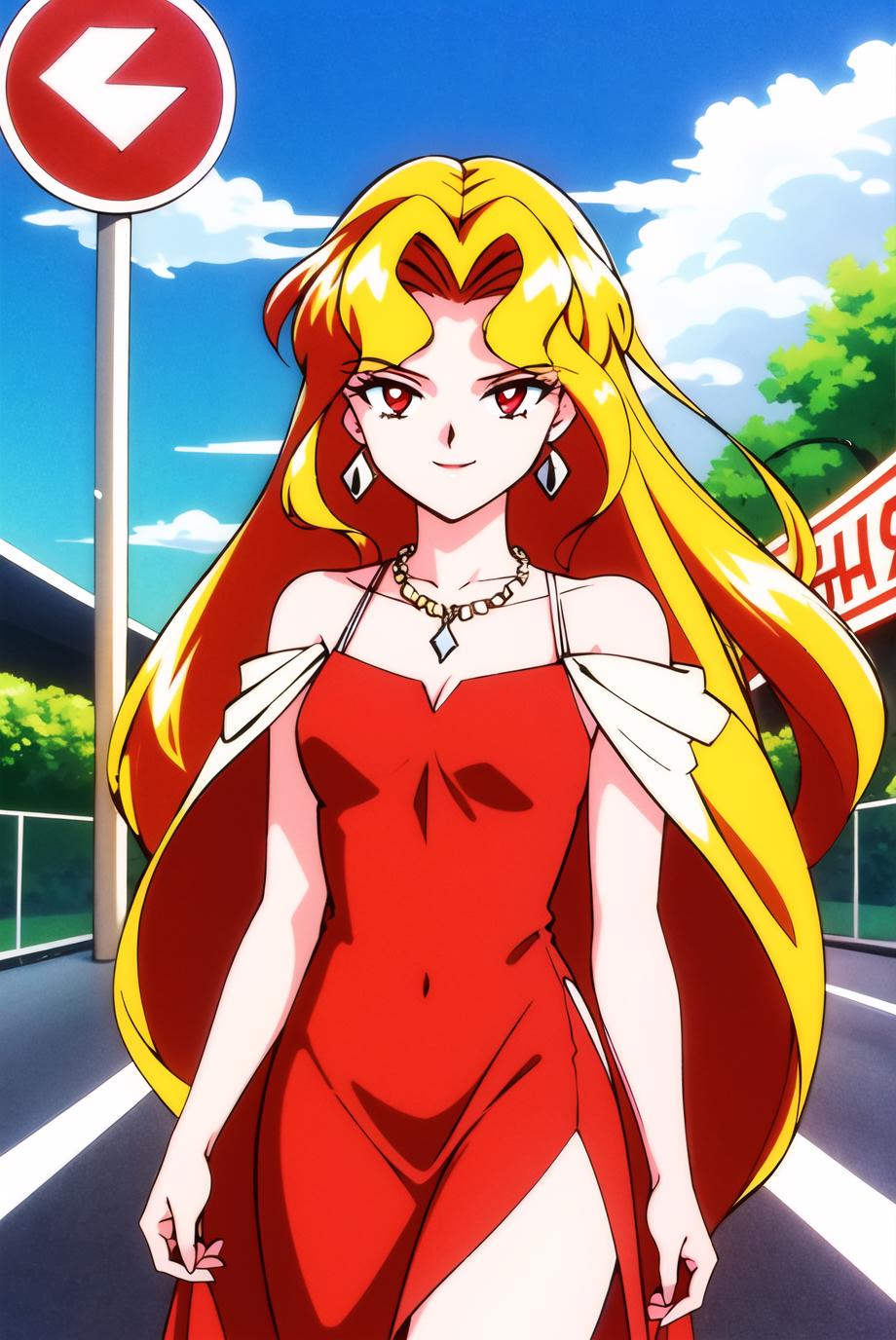A woman in a red dress walking down a street next to a sign - SeaArt AI