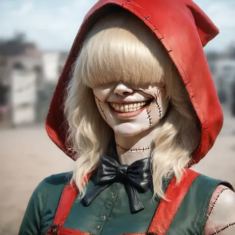 score_9, score_8_up, score_7_up, score_6_up, score_5_up, score_4_up, rating_safes,source_photorealistic,close-up,cropped,portrait,1girl,solo,red hood,dress,apron,bowtie,belt,blonde hair,hair over eyes,shaded face,stitches,patchwork, evil grin,crazy eyes,outdoors,<lora:ChaperomonXL:0.9>, <lora:PonyrealisticXLliteBooru:1>