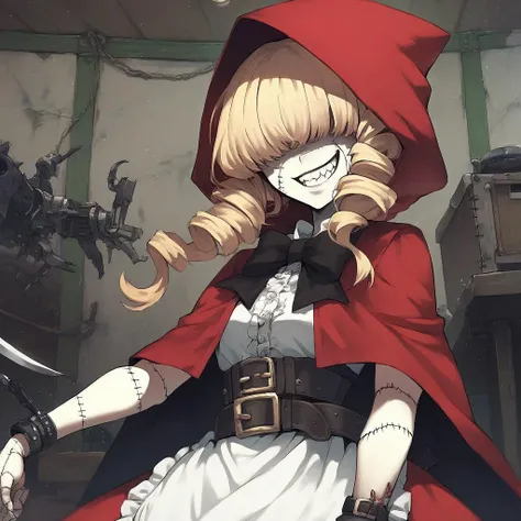 score_9, score_8_up, score_7_up, score_6_up, score_5_up, score_4_up, rating_safes,source_anime,scene from youjo senki,1girl,solo,red hood,dress,apron,bowtie,belt,blonde hair,hair over eyes,shaded face,stitches,patchwork, close-up,evil grin,crazy eyes,indoors,<lora:ChaperomonXL:0.9>