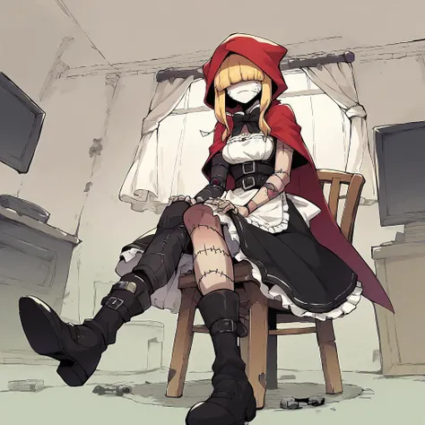 score_9, score_8_up, score_7_up, score_6_up, score_5_up, score_4_up, rating_safes,source_cartoon,1girl,solo,red hood,maid dress,bowtie,belt,blonde hair,hair over eyes,shaded face,stitches,patchwork, sitting,sitting in chair,living room,indoors,<lora:ChaperomonXL:0.9>