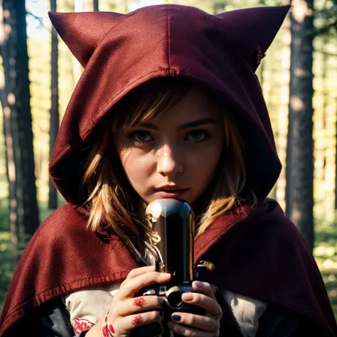 raw photo,cinematic shot,realistic,professional photography,chaperomon,1girl,solo,red hood,blonde hair, hair over eyes,stitches,cropped,portrait,close-up,outdoors,forest, <lora:Chaperomon15v3:0.9>, sfw, masterpiece, best quality,absurderes