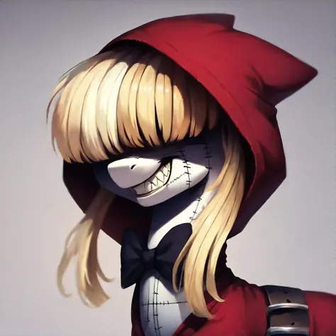 score_9, score_8_up, score_7_up, score_6_up, score_5_up, score_4_up, rating_safes,source_pony,close-up,cropped,portrait,1girl,solo,red hood,dress,apron,bowtie,belt,blonde hair,hair over eyes,shaded face,stitches,patchwork, evil grin,crazy eyes,outdoors,<lora:ChaperomonXL:0.9>