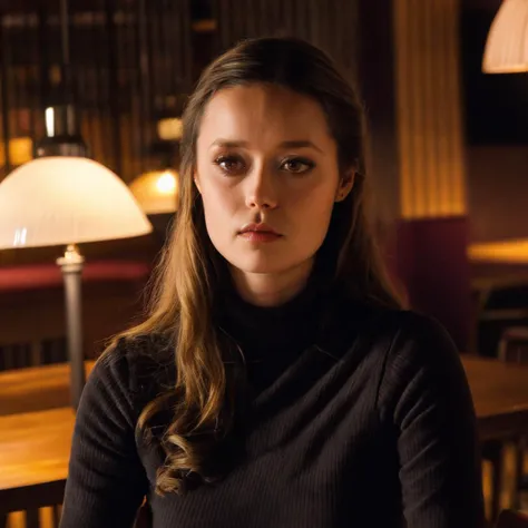 summer_glau, <lora:SummerGlauXL:1>,solo, long hair, long sleeves, sitting, upper body, parted lips, solo focus, striped, indoors, looking to the side, black shirt, depth of field, blurry background, turtleneck, chair, looking away, table, striped shirt, realistic, lamp, bar (place), cafe, ((perfect eyes, detailed eyes,realistic eyes)), ((sharp face, detailed face, realistic face, naturtal skin, realistic skin, detailed skin, pores))