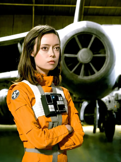 summer_glau, <lora:SummerGlauXL:1>,long hair,rebel pilot suit, realistic, hand on own chin, ((sharp face, detailed face, realistic face, naturtal skin, realistic skin, detailed skin, pores)), ((perfect eyes, detailed eyes,realistic eyes)),standing in a hangar<lora:RebelpilotXLCopax:0.8>