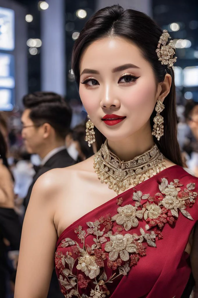 chinese woman posing to picture, night, Haute Couture, convention center, jewelry, wearing Haute_Couture, photo realism, ultra-detailed, sony 35mm, f1.8, 8K <lora:Haute_CoutureXL:1>