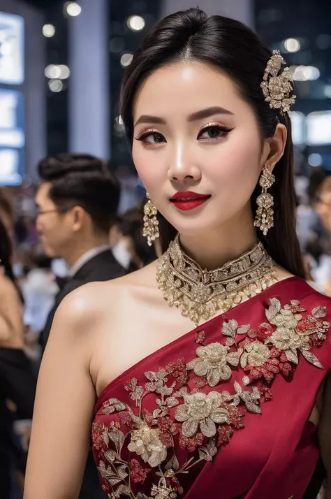 chinese woman posing to picture, night, Haute Couture, convention center, jewelry, wearing Haute_Couture, photo realism, ultra-detailed, sony 35mm, f1.8, 8K <lora:Haute_CoutureXL:1>