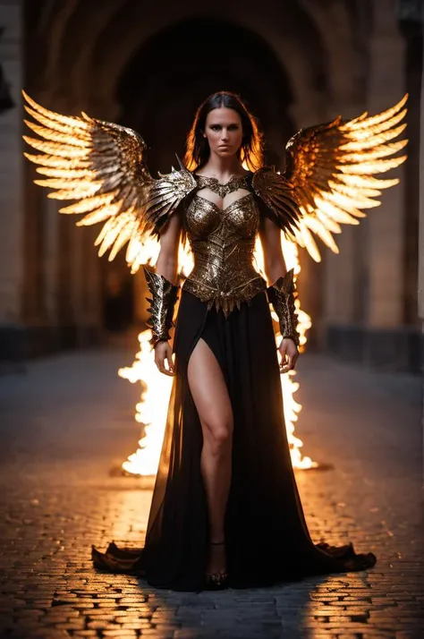 , <lora:Haute_CoutureXL:1> WEARING HAUTE_COUTURE DESIGNER DRESS, HAUTE_COUTURE,, cinematic film , shallow depth of field, highly detailed, high budget, bokeh, cinemascope, film grain, grainy, 8k, epic female warrior on fire ablaze in black and gold armor with angel wings, horror christian cathedral, nighttime,
dungeons and dragons,