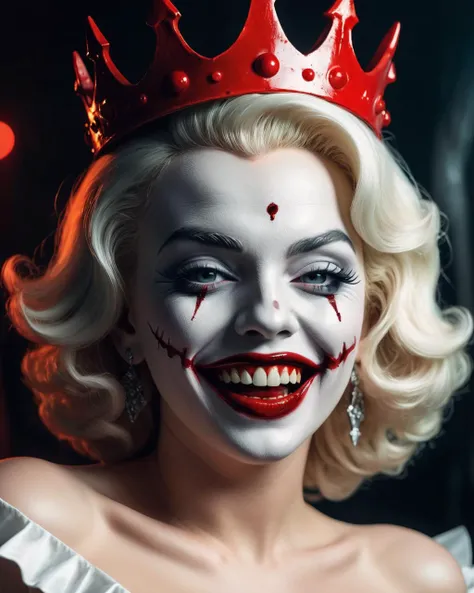 a sexy Marilyn Monroe in halloween white joker face makeup red lips smiling showing extremely sharp and pointy fanged vampire teeth inside of a club in a sexy costume wearing a bloody kings crown, Halloween scary monsters, full moon, masked monsters everywhere. bright, insane details, hyper realistic, realistic.
learned_embeds <lora:HWmakeup:1> <lora:holographic:0.8> <lora:edgGarterbelt_MINI:0.8> garterbelt , check the prompts for inspiration