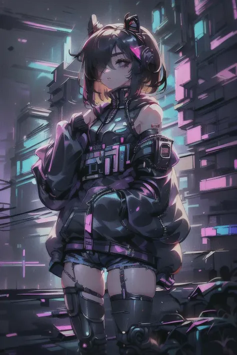 (best quality, highest quality), 1girl, mature, (((hair over eyes, short pink and black hair, bob cut, wavy hair, curly hair, multicolor hair))), looking at viewer, (((turtleneck, oversized hoodie, shorts, sleeves_past_fingers, ong_sleeves, sleeves_past_wrists, fake animal ears, zipper_pull_tab, zipper))), (((cyberpunk))), rating:safe, solo, black eyes, cyber eyes, eye protesys, ((flat chest)), black background, <lora:CyberPunkAI:1>, <lora:hair_over_eyes:1>, <lora:style:0.7> ,<lora:holographic-v1.0:0.7>