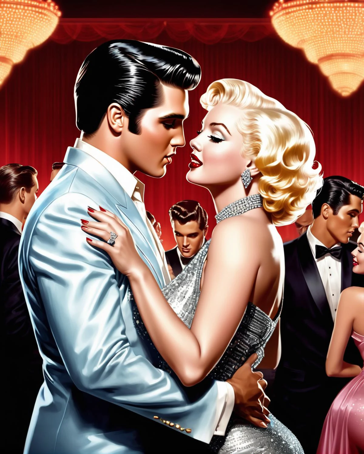 Elvis Presley slow dancing with Marilyn Monroe in a night club, romantic, mood lighting, 1950s style, GQ, elegant and mysterious. dynamic pose, full body shot, hybrid, double exposure art, background: dojo, depth of field, full color, photorealistic, hyper realistic, highly detailed, pro vector, bright colors, shiny, fractal details, art by j.c. leyendecker. 35mm photograph, film, bokeh, professional, 4k, highly detailed
bad-hands-5 learned_embeds <lora:edgHaute_Couturev3:0.8> Haute_Couture, designer dress, wearing Haute_Couture <lora:holographic-v1.0:0.8>