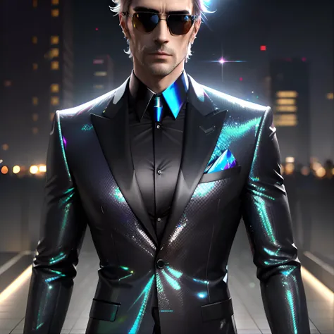 <lora:holographicclothing:0.3>, tall man wearing sunglasses and holographic formal suit, masterpiece, highres, shallow depth of field, sharp focus