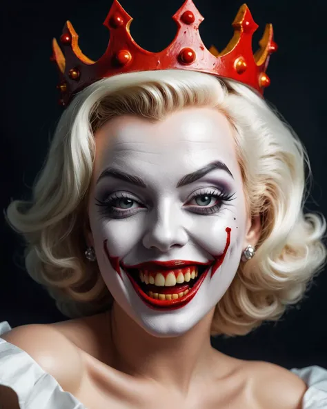 a sexy Marilyn Monroe in halloween white joker face makeup red lips smiling showing extremely sharp and pointy fanged vampire teeth inside of a evil scary faced pumpkin, wearing a bloody kings crown, Halloween scary monsters, full moon, masked monsters everywhere. bright, insane details, hyper realistic, realistic fur.
learned_embeds <lora:HWmakeup:1> <lora:holographic:0.8> <lora:edgGarterbelt_MINI:0.8> garterbelt , check the prompts for inspiration