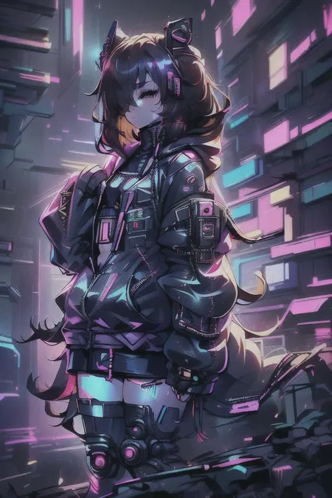 (best quality, highest quality), 1girl, mature, (((hair over eyes, short pink and black hair, bob cut, wavy hair, curly hair, multicolor hair))), looking at viewer, (((turtleneck, oversized hoodie, skirt, sleeves_past_fingers, ong_sleeves, sleeves_past_wrists, fake animal ears, zipper_pull_tab, zipper))), (((cyberpunk))), rating:safe, solo, black eyes, cyber eyes, eye protesys, ((flat chest)), black background, <lora:CyberPunkAI:1>, <lora:hair_over_eyes:1>, <lora:style:0.7> ,<lora:holographic-v1.0:0.7>