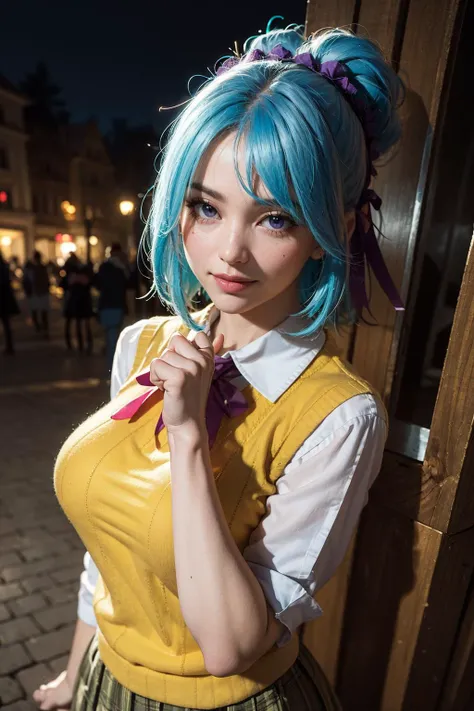 (((soft lighting, dim lit, dark scene, night, low key))),
Best quality, masterpiece, ultra high res, raw photo, beautiful and aesthetic,deep shadow, dark theme,(photorealistic:1.4),
(young beauty, kurumu, smile, huge breast, purple eyes, (blue hair), short hair, ponytail, (yellow sweater vest), white shirt,green plaid skirt, red bow, necktie, purple headdress, star \(symbol\), purple hair ribbon),
Graceful poise, evocative atmosphere, magnetic presence, refined seduction, captivating mystique,
Intricate zentangle patterns, a single female figure, astonishing level of detail, generously endowed, portrait composition, striking perspective, a chaotic masterpiece, gracefully poised, inspired by brutalist architecture, vibrant color palette, undertones,
outdoors, creep scary forest,
