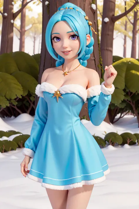 (8k, best quality, masterpiece:1.2), (finely detailed),kurumu, 1girl,solo,cowboy shot, blue hair, (long hair), (single braid),((forehead)), (very long blue dress), smile, medium breasts, snow, forest, nature, uneven eyes, parted lips, pink lips,snowy forest, snowman,((hair slicked back)),bare shoulders, blue long sleeves,(tight dress),strapless, purple eyes