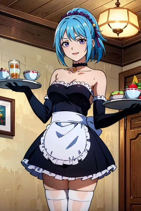(8k, best quality, masterpiece:1.2), (finely detailed),kurumu,official style, 1girl, blue hair, purple eyes, solo,cafe,looking at viewer,cowboy shot, (black strapless dress),maid, white apron, white thighhighs,smile,holding a tray,purple headdress, (frilly choker:1.2), star \(symbol\),ponytail,short hair, indoors, (black elbow gloves)