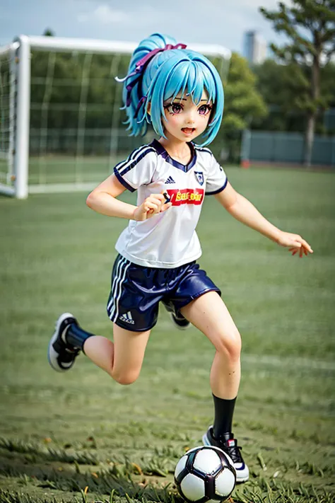 (8k, best quality, masterpiece:1.2), (finely detailed),solo, detailed illustration,intricate, kurumu,purple eyes, blue sport shorts,blue t-shirt with a number ,playing soccer, on a grass soccer field, 1girl,short hair, ponytail, AS-YoungerV2, full body,soccer ball